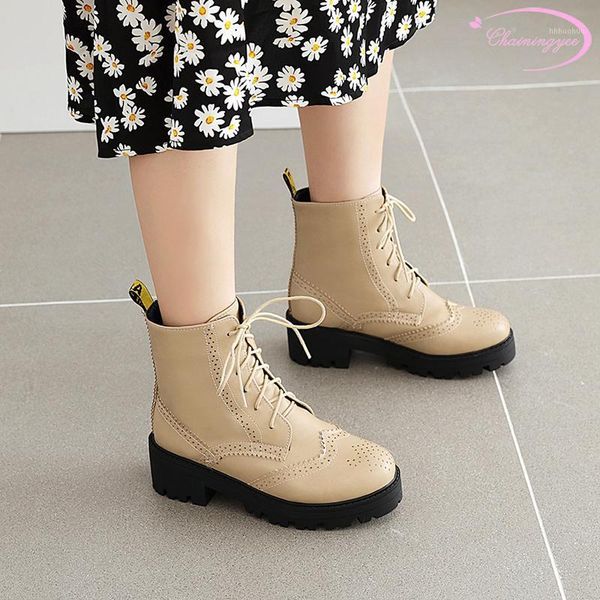 

boots casual style round toe ankle boot fashion lace-up platform apricot black green medium heel chunky motorcycle women's shoes1
