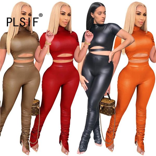 

leather pant set hollow 2 pieces outfits short sleeve summer two pieces tracksuit outfit, Gray