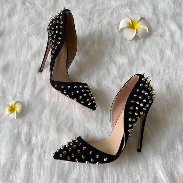 

shoes black women's suede stiletto heel gold rivets pointy toes hollow sandals ladies thin heels party dress shoe spiked pumps