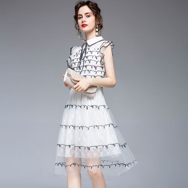 

2021 merchall new summer runway flower embroidery lace women ruffles cape sleeve bow lace-up vintage mesh go7s, Black;gray