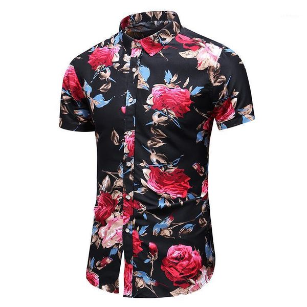 

flower social shirt men floral blouse men lapel collar hawaiian style casual male shirt fashion short sleeve summer blue red1, White;black