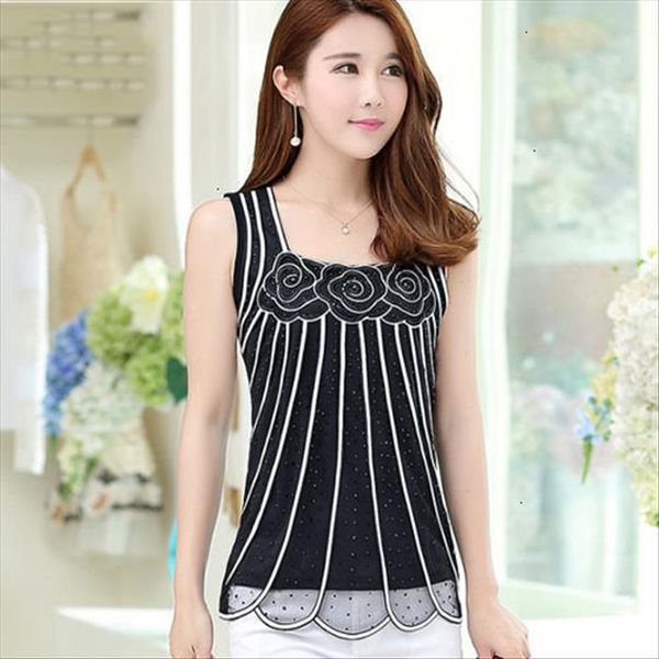

female vest summer large size women blouse fahsion patchwork mesh diamond shirt elegant sleeveless women shirt, White