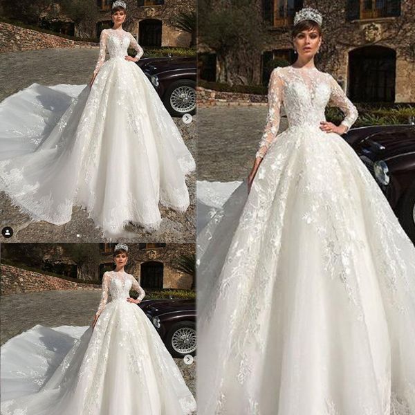 

country ball gown long sleeve muslim wedding dresses lace applique organza vintage wedding dress bridal gowns 2021 vestidos de novia, White