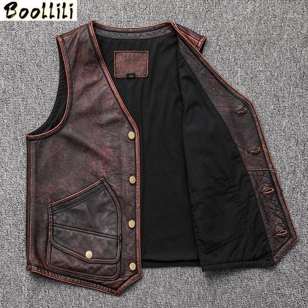 

boollili genuine leather vest men vintage real cowhide leather jacket men short waistcoat vests biker gilet homme1, Black