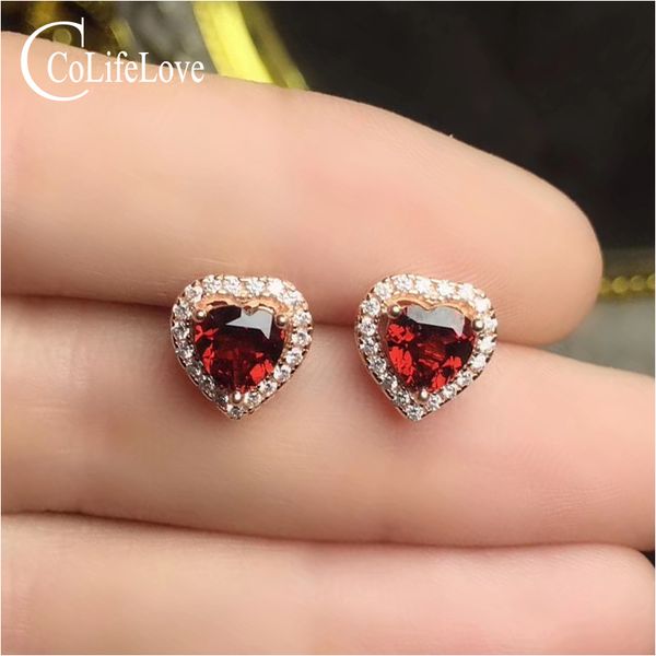 

colife jewelry 925 silver heart stud earrings 5mm natural garnet silver earrings for daily wear sterling garnet jewelry, Golden;silver