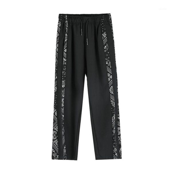 

men's pants autumn black men & women high street loose straight trousers stitching cashew flower casual mopping wide leg pants1