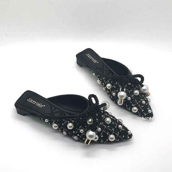 

slippers pearl embellished mules flats women slip on low heel black white