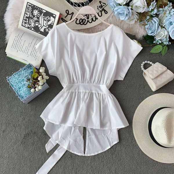 

women's summer short-sleeved shirt cyber celebrity irregular split lacing waist chiffon shirt wild o-neck solid ml8321, White