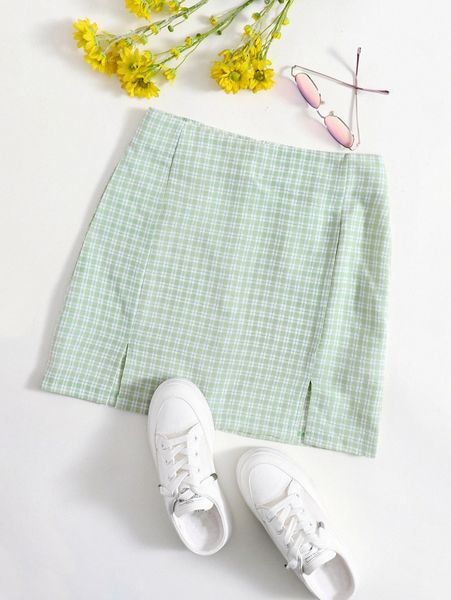 

gingham split hem skirt u9q4#, Black
