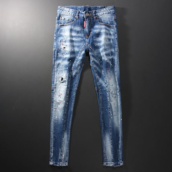 

2021 new american streetwear fashion men light blue painted ripped jeans spliced designer elastic slim fit hip hop biker pants x1so