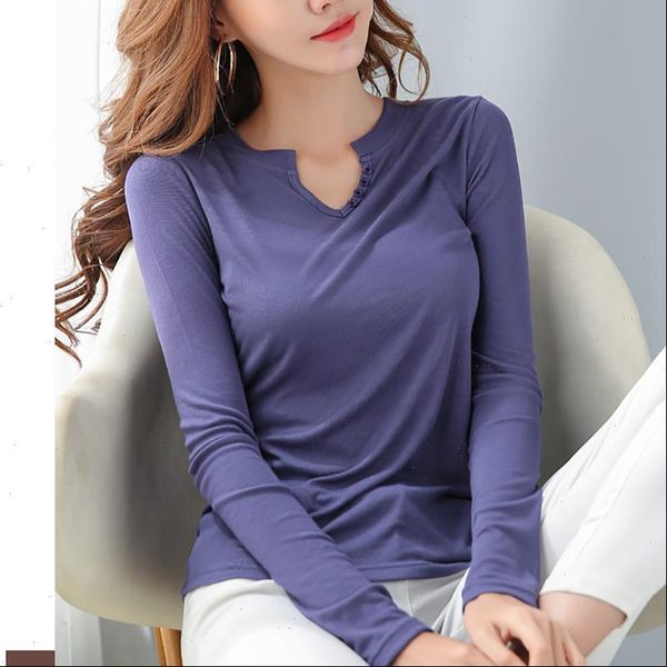 

t shirt button v neck high elasticity cotton white t shirt women black tshirt woman clothes 2021 summer womens long sleeve