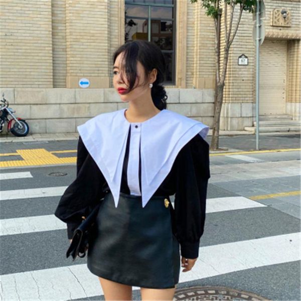 

hit color loose blouse women autumn kawaii new casual big sailor collar puff sleeve black shirts female style shirt 2021, White