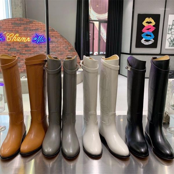 

classic buckle boots women shoes genuine cow leather round toe knee high slip on boots design woman zapatos mujer booties1, Black