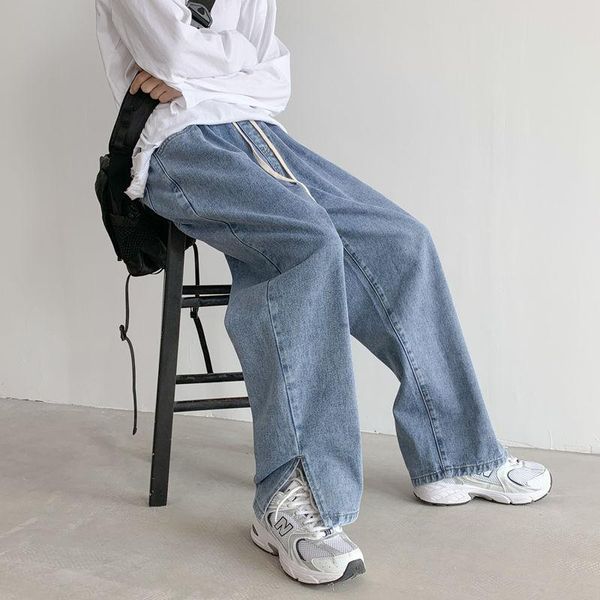 

korean wide-leg jeans men's fashion retro casual drawstring jeans men streetwear loose hip-hop straight denim trousers mens, Blue
