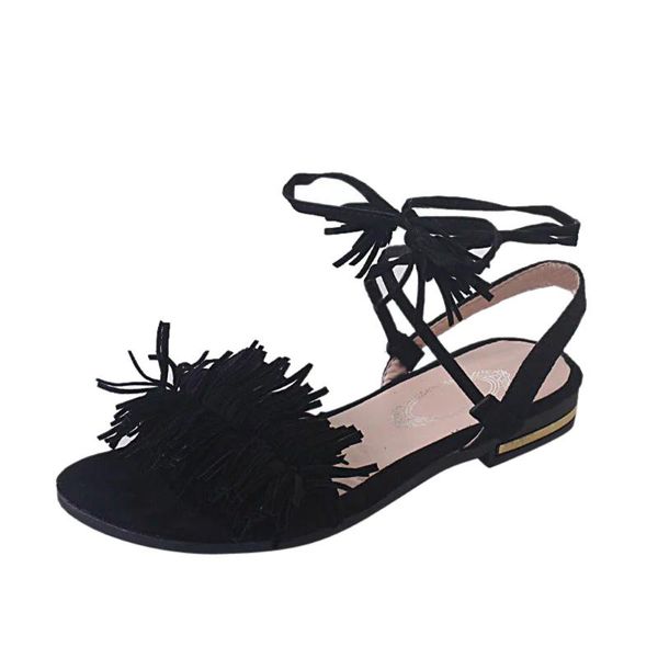 

sagace women casual shallow low heel comfort beach outdoor fashion solid colors tassel heel anti skidding lace-up tassel shoes, Black