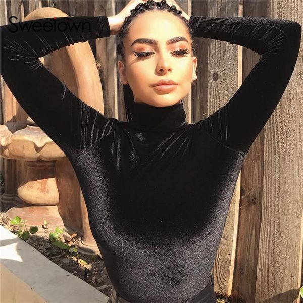

womens casual velvet long sleeve bodysuit women elegant jumpsuit short autumn winter turtleneck body mujer bodysuits sexy, Black;white