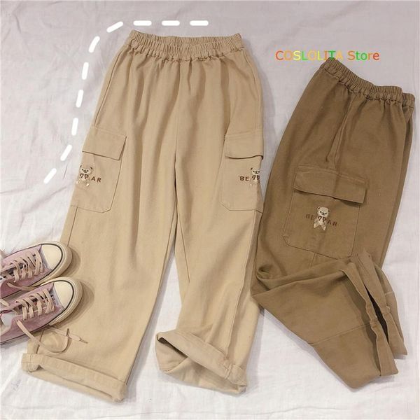 

spring autumn japanese new women soft sister casual trousers bear embroidery loose overalls thin straight pants studen girls, Black;white