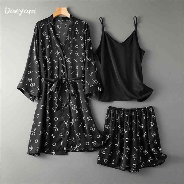 

3 pieces printed pajamas sets soft spring summer women silk sleepwear sling with shorts female leisure nightwear suit, Black;red
