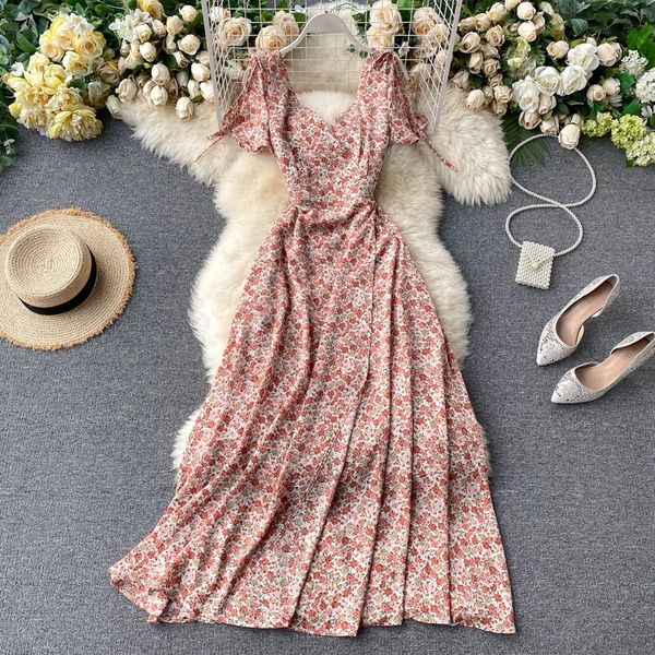 Donne estive Summer Abito Floral Maxi Dress Bohémien Eleganti abiti romantici in chiffon Flower Vintage Slip Long Stampa Beach Suntess T200604