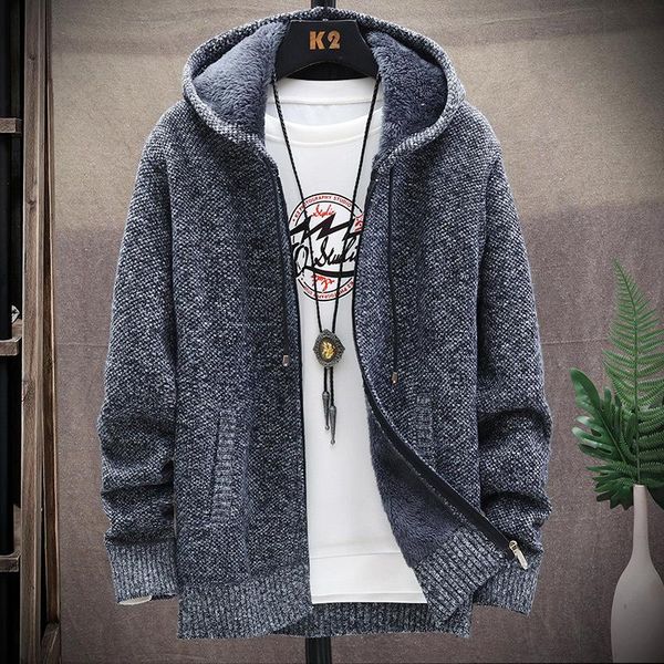 

solid mens sweater coat warm casual thick coat plus velvet sweater cardigan streetwear jacket men hoodies knitted ribbed hem, White;black