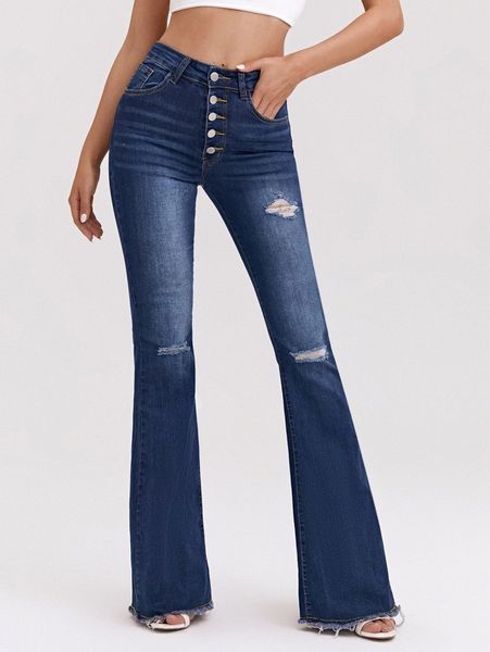 

high waist ripped detail flare leg jeans m9mu#, Blue