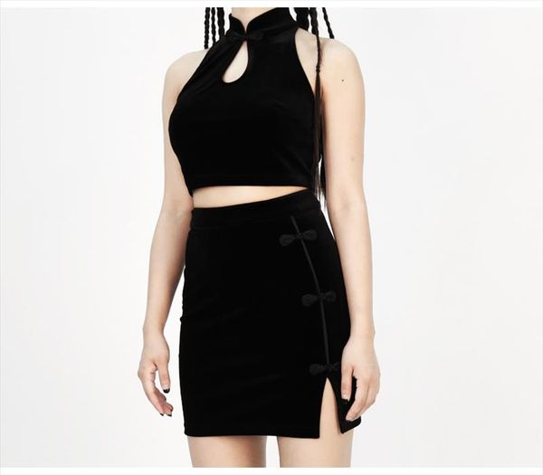 

velvet cheongsam and skirt summer vintage skirts punk rock hem split ends plate buckle tight women skirt sleeveless tee, Gray