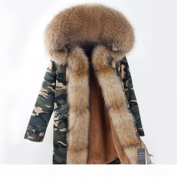 

2018 new long winter jacket women coat parka camouflage army green natura real raccoon fur collar hood parkas casual thick, Black