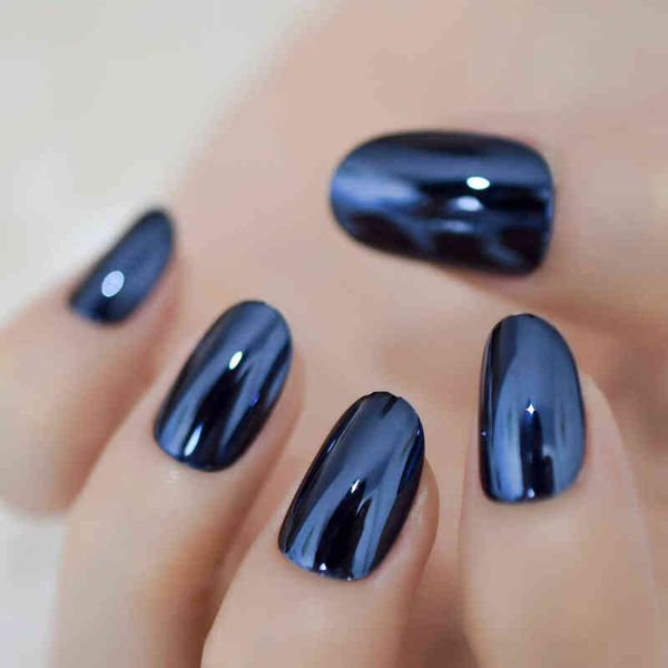 

false nails gorgeous blue mirror fake nails oval metallic quality glamour nail art designed tips with glue sticker perfect for daily wear 22, Red;gold
