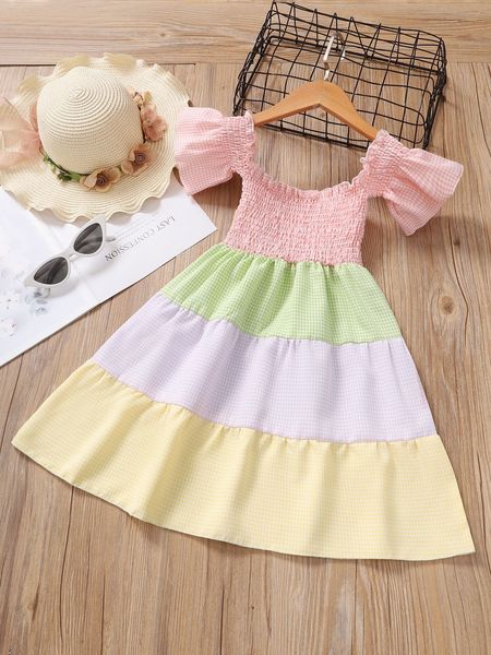 

toddler girls colorblock gingham shirred puff sleeve ruffle hem dress she, Red;yellow