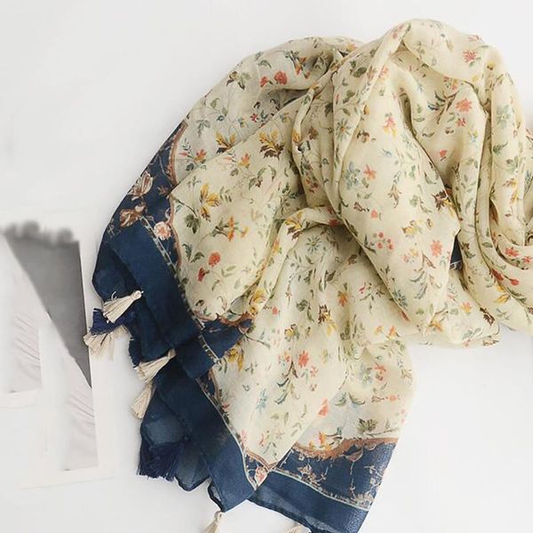 

scarves women spring fresh vintage small flowers tassels long shawl female floral print wraps chevron sunscreen soft, Blue;gray