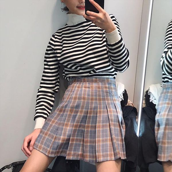 

summer plaid harajuku skirts casual japanese cute college pleated skirt korea a line high rise bf knee length skirt big size 2xl, Black