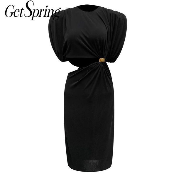 

getspring women dress temperament black dress pad shoulder metal buckle hollow out long dresses irregular vintage dresses autumn, Black;gray