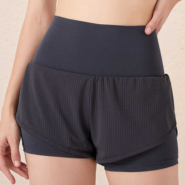 

women's double fitness running elastic ny mesh quick-drying fashion solid color sports shorts, White;black
