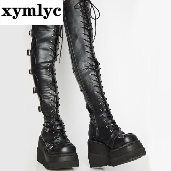 

brand design big size 43 shoelaces cosplay motorcycles boots buckles platform wedges high heels thigh high boots women shoes1, Black
