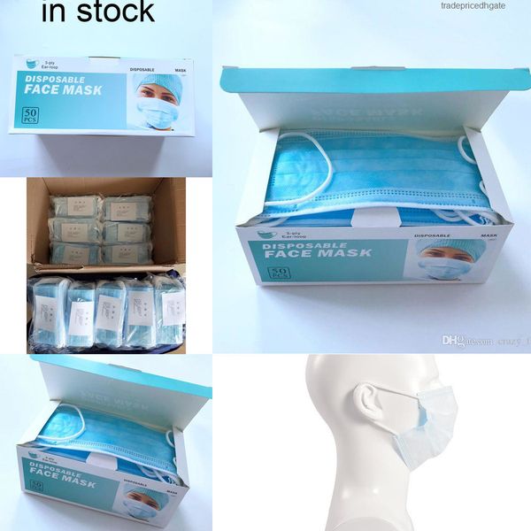 

blue stock breathing disposable mask pm2.5 safety face 3 layers anti dust protective masks 50factory in a box