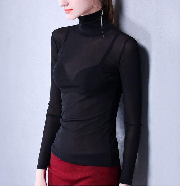 

zity size s -xxxl women turtleneck slim soft full sleeve semi -transparent t shirts lady mesh elegant elastic tees1, White