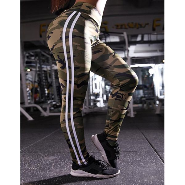 

women yoga gym pants camouflage slid strips stretchy long high waist leggings female running workout sports push up leggings, White;red