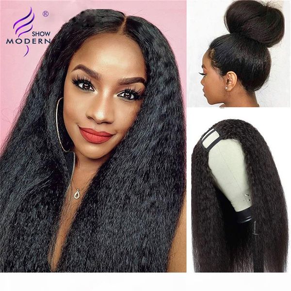 

10-28 modern show hair kinky straight u part wig brazilian remy human hair wigs 150% perruque u part yaki glueless natural black color, Black;brown