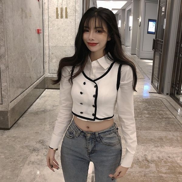 

осень 2020 корейской версии новой женской короткой пупа подвергается sling shirtvest shirtsun доказательство длинный рукав рубашки небольшой, Gray