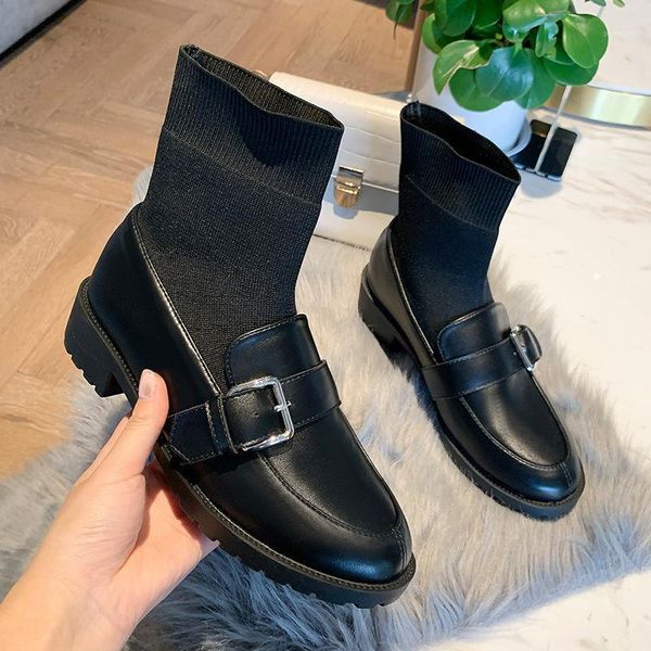 

white mid-calf boots boots-women shoes round toe low 2020 mid calf rock rubber large size stockings leather ladies rome1, Black