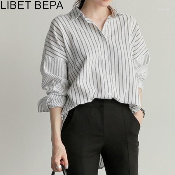 

new 2020 fall spring women's blouse casual fashionable korean style striped shirt office lady loose clothes tunika bl16371, White