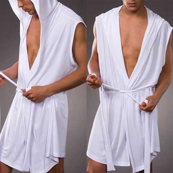 

men's sleepwear men's robes bathrobe ice silk hooded sleeveless pajamas nightwear summer home wear solid color male clothing, Black;brown