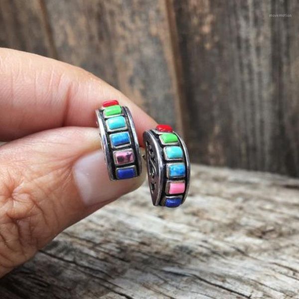 

retro single row rainbow stone stud earring boho colorful turquoises jewelry antique silver color stud earrings women1, Golden;silver
