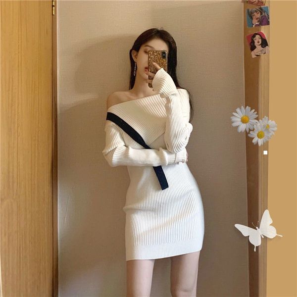 

new 2021 elegant women knitted out of the shoulder long female sleeve winter sweatshirt chic ladies'office dress y270 hwa0 t90z, Black;gray