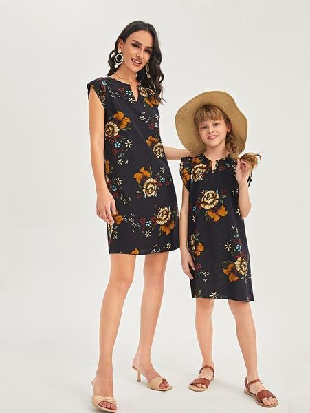 

girls 1pc floral print notched neck flutter sleeve tunic dress she, Red;yellow