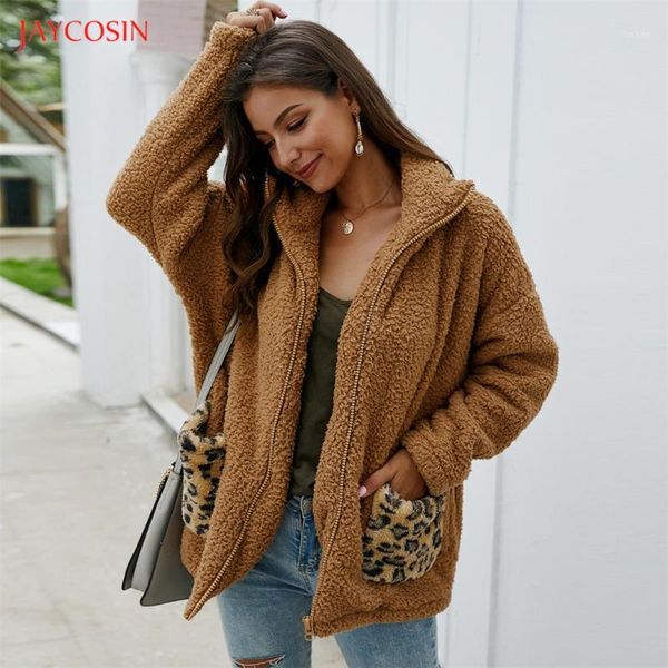 

jaycosin clothes winter women warm faux fur warm coat ladies casual open stitch sweater fashion zipper leopard print coat1, Black