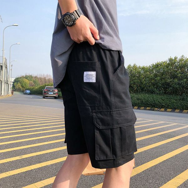 

overalls men's trendy casual shorts multi pocket loose 5-ins summer beach pants, White;black