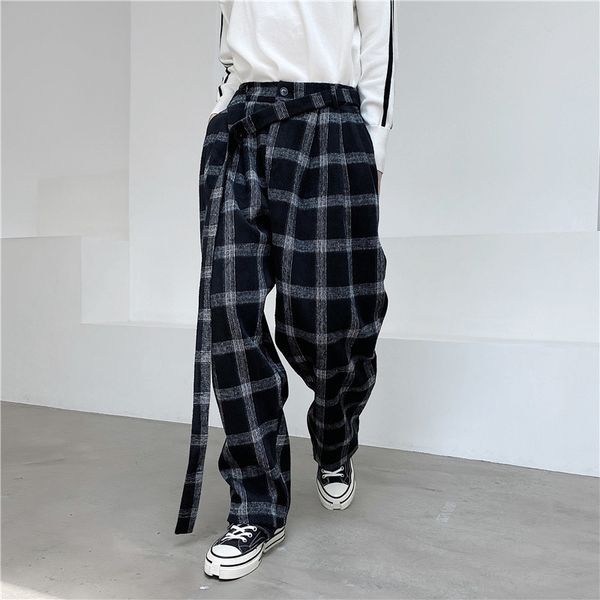 

2020 winter men fall down thick wool plaid belt man vintage streetwear harem wide leg pants o2b2, Black