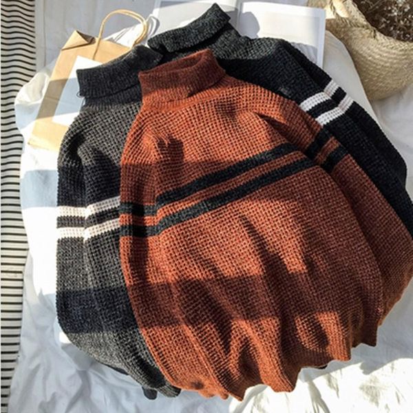 

men's winter high neck casual loose pullover striped sweater, White;black