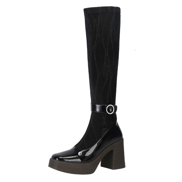 

knee 2021 new high-heeled boots suqare toe ladies winter shoes fashion women's buckles s2ie, Black
